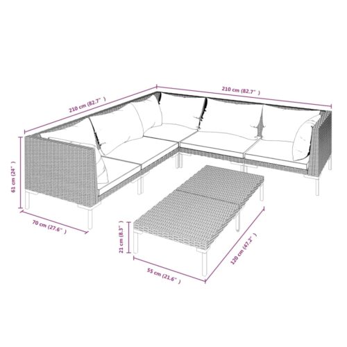 6-Piece Garden Lounge Set with Cushions Poly Rattan Wicker Outdoor Patio Furniture Dark Grey - Image 9