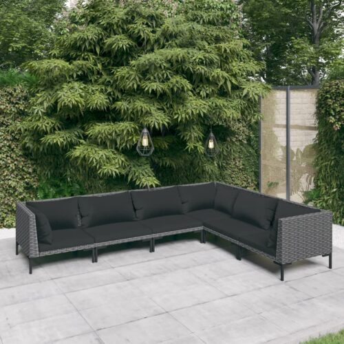 6-Piece Garden Lounge Set with Cushions Poly Rattan Wicker Outdoor Patio Furniture Dark Grey - Image 2