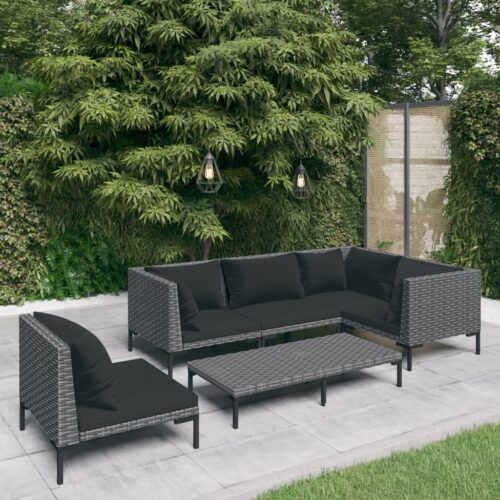 6-Piece Garden Lounge Set with Cushions Poly Rattan Wicker Outdoor Patio Furniture Dark Grey - Image 2