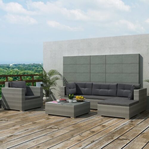 6-Piece Garden Lounge Set with Cushions Poly Rattan Wicker Outdoor Patio Furniture Grey - Image 2