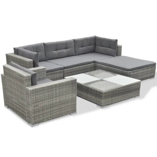 6-Piece Garden Lounge Set with Cushions Poly Rattan Wicker Outdoor Patio Furniture Grey - Image 3