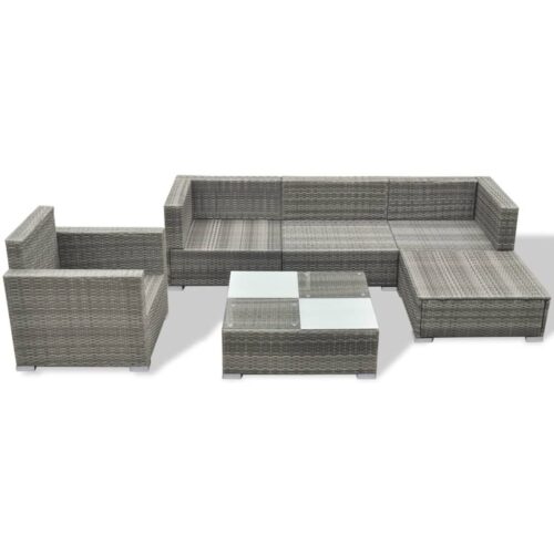6-Piece Garden Lounge Set with Cushions Poly Rattan Wicker Outdoor Patio Furniture Grey - Image 4
