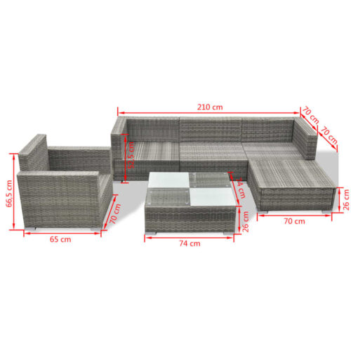 6-Piece Garden Lounge Set with Cushions Poly Rattan Wicker Outdoor Patio Furniture Grey - Image 8