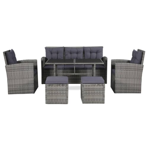 6-Piece Garden Lounge Set with Cushions Poly Rattan Wicker Outdoor Patio Furniture Grey - Image 2