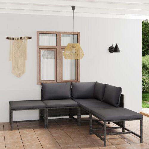 6-Piece Garden Lounge Set with Cushions Poly Rattan Wicker Outdoor Patio Furniture Grey - Image 2