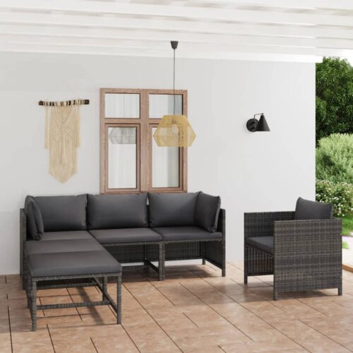 6-Piece Garden Lounge Set with Cushions Poly Rattan Wicker Outdoor Patio Furniture Grey - Image 2