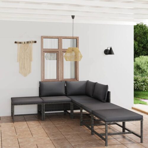 6-Piece Garden Lounge Set with Cushions Poly Rattan Wicker Outdoor Patio Furniture Grey - Image 2