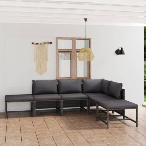 6-Piece Garden Lounge Set with Cushions Poly Rattan Wicker Outdoor Patio Furniture Grey - Image 2