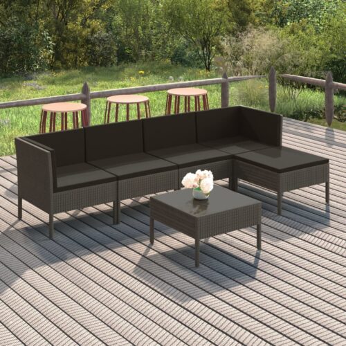 6-Piece Garden Lounge Set with Cushions Poly Rattan Wicker Outdoor Patio Furniture Grey - Image 2