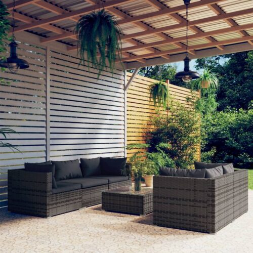 6-Piece Garden Lounge Set with Cushions Poly Rattan Wicker Outdoor Patio Furniture Grey - Image 2