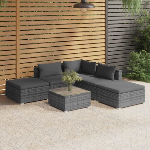 6-Piece Garden Lounge Set with Cushions Poly Rattan Wicker Outdoor Patio Furniture Grey - Image 2