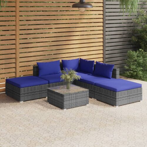 6-Piece Garden Lounge Set with Cushions Poly Rattan Wicker Outdoor Patio Furniture Grey - Image 2