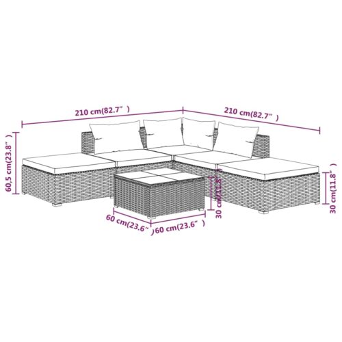 6-Piece Garden Lounge Set with Cushions Poly Rattan Wicker Outdoor Patio Furniture Grey - Image 7