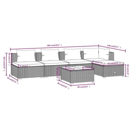 6-Piece Garden Lounge Set with Cushions Poly Rattan Wicker Outdoor Patio Furniture Grey - Image 7