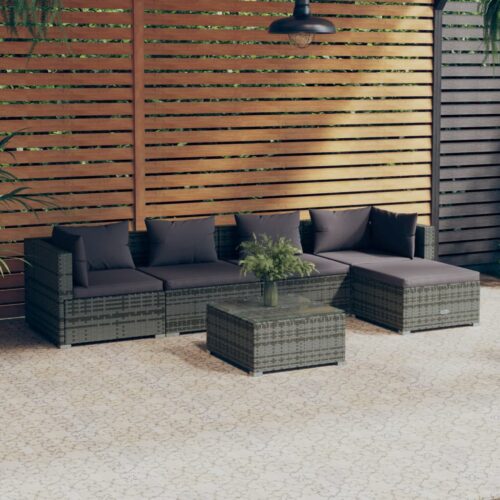 6-Piece Garden Lounge Set with Cushions Poly Rattan Wicker Outdoor Patio Furniture Grey - Image 2