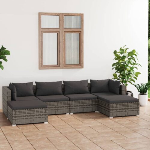 6-Piece Garden Lounge Set with Cushions Poly Rattan Wicker Outdoor Patio Furniture Grey - Image 2