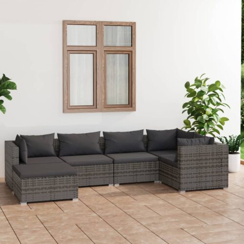 6-Piece Garden Lounge Set with Cushions Poly Rattan Wicker Outdoor Patio Furniture Grey - Image 2