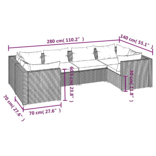 6-Piece Garden Lounge Set with Cushions Poly Rattan Wicker Outdoor Patio Furniture Grey - Image 7