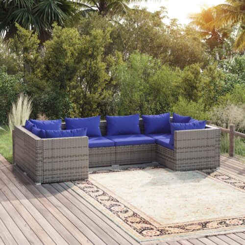 6-Piece Garden Lounge Set with Cushions Poly Rattan Wicker Outdoor Patio Furniture Grey - Image 2
