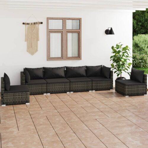 6-Piece Garden Lounge Set with Cushions Poly Rattan Wicker Outdoor Patio Furniture Grey - Image 2