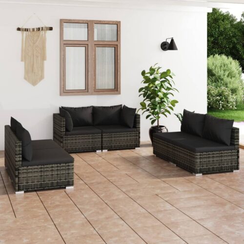 6-Piece Garden Lounge Set with Cushions Poly Rattan Wicker Outdoor Patio Furniture Grey - Image 2