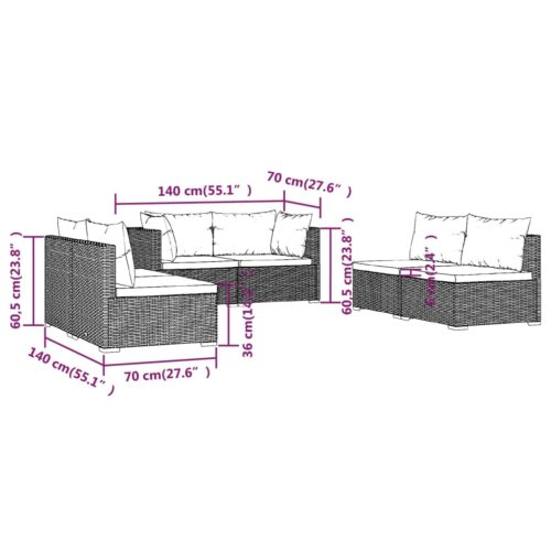 6-Piece Garden Lounge Set with Cushions Poly Rattan Wicker Outdoor Patio Furniture Grey - Image 7