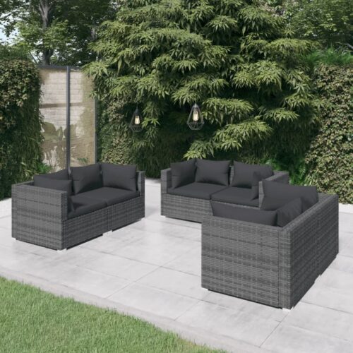 6-Piece Garden Lounge Set with Cushions Poly Rattan Wicker Outdoor Patio Furniture Grey - Image 2