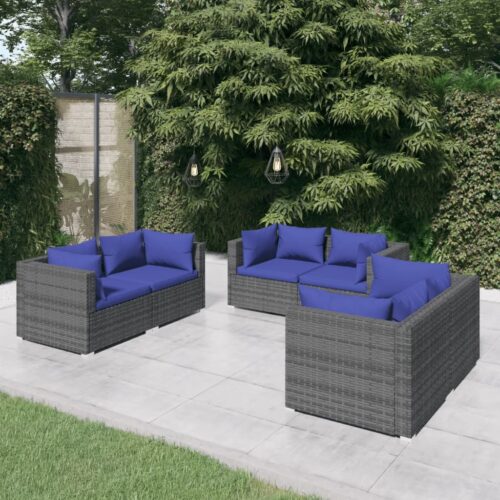 6-Piece Garden Lounge Set with Cushions Poly Rattan Wicker Outdoor Patio Furniture Grey - Image 2