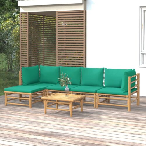 6-Piece Garden Lounge Set with Green Cushions Bamboo Outdoor Patio Furniture - Image 2