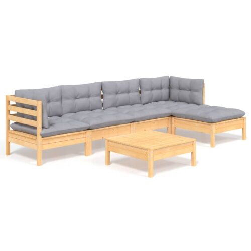 6-Piece Garden Lounge Set with Grey Cushions Pine Wood Outdoor Patio Furniture