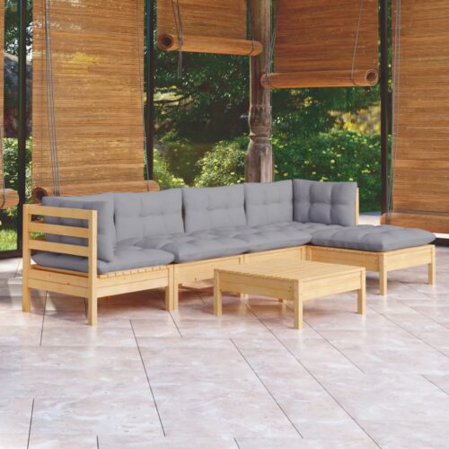 6-Piece Garden Lounge Set with Grey Cushions Pine Wood Outdoor Patio Furniture - Image 2