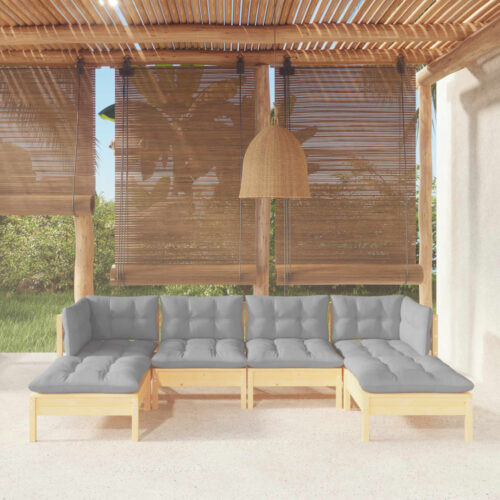 6-Piece Garden Lounge Set with Grey Cushions Pine Wood Outdoor Patio Furniture - Image 2