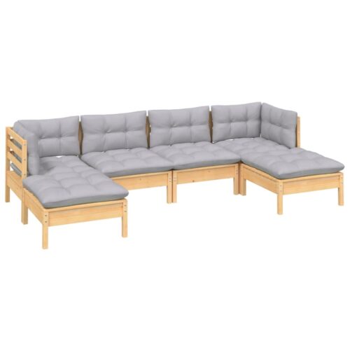 6-Piece Garden Lounge Set with Grey Cushions Pine Wood Outdoor Patio Furniture - Image 3