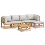 6-Piece Garden Lounge Set with Light Grey Cushions Bamboo Outdoor Patio Furniture