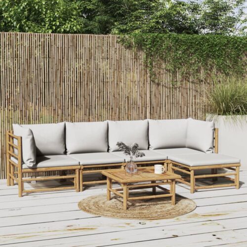 6-Piece Garden Lounge Set with Light Grey Cushions Bamboo Outdoor Patio Furniture - Image 2