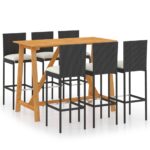 7-Piece Garden Bar Set with Cushions Black