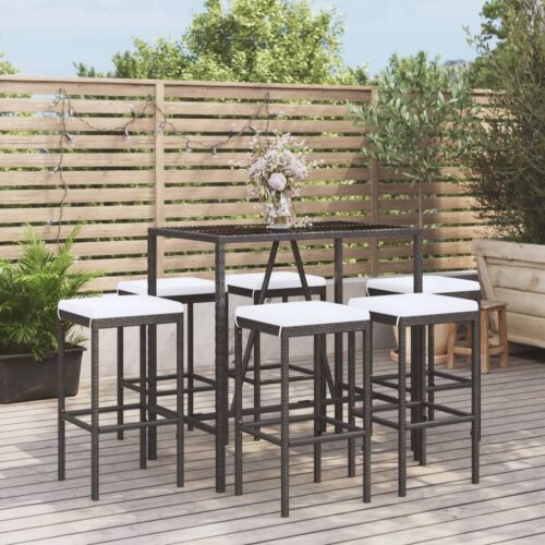 7-Piece Garden Bar Set with Cushions Black Poly Rattan Wicker Outdoor Patio Furniture - Image 2
