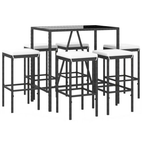 7-Piece Garden Bar Set with Cushions Black Poly Rattan Wicker Outdoor Patio Furniture - Image 3