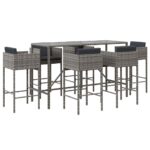 7-Piece Garden Bar Set with Cushions Grey Poly Rattan Wicker Outdoor Patio Furniture