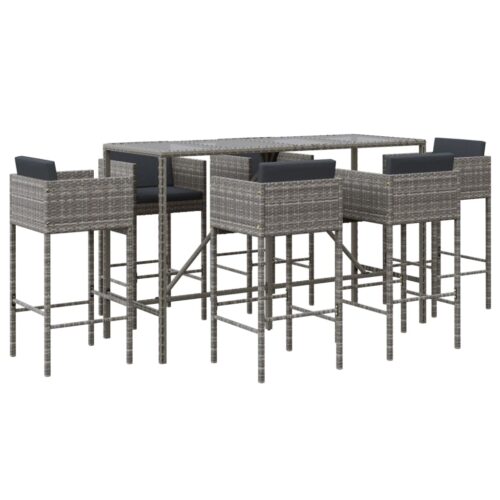 7-Piece Garden Bar Set with Cushions Grey Poly Rattan Wicker Outdoor Patio Furniture