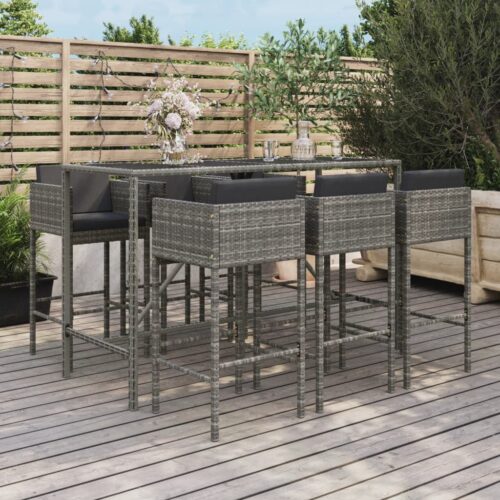 7-Piece Garden Bar Set with Cushions Grey Poly Rattan Wicker Outdoor Patio Furniture - Image 2