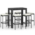 7-Piece Garden Bar Set with Cushions Poly Rattan Wicker Outdoor Patio Furniture Black