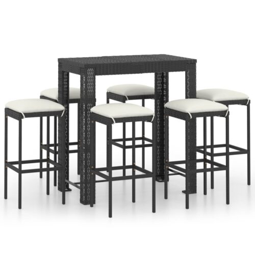 7-Piece Garden Bar Set with Cushions Poly Rattan Wicker Outdoor Patio Furniture Black