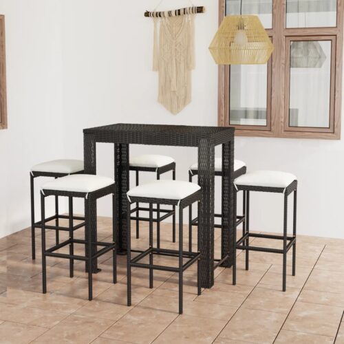 7-Piece Garden Bar Set with Cushions Poly Rattan Wicker Outdoor Patio Furniture Black - Image 2