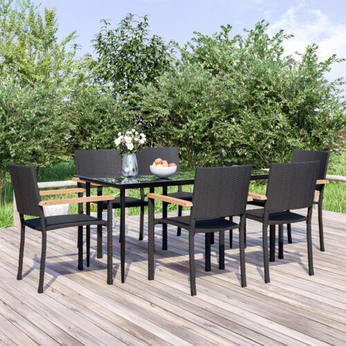 7-Piece Garden Dining Set Black Poly Rattan Wicker Outdoor Patio Furniture - Image 3