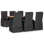 7-Piece Garden Dining Set Black Wood Poly Rattan Wicker Outdoor Patio Furniture