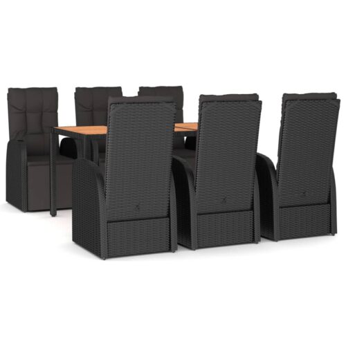 7-Piece Garden Dining Set Black Wood Poly Rattan Wicker Outdoor Patio Furniture