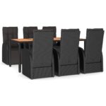7-Piece Garden Dining Set Black Wood Poly Rattan Wicker Outdoor Patio Furniture