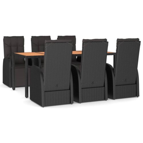7-Piece Garden Dining Set Black Wood Poly Rattan Wicker Outdoor Patio Furniture