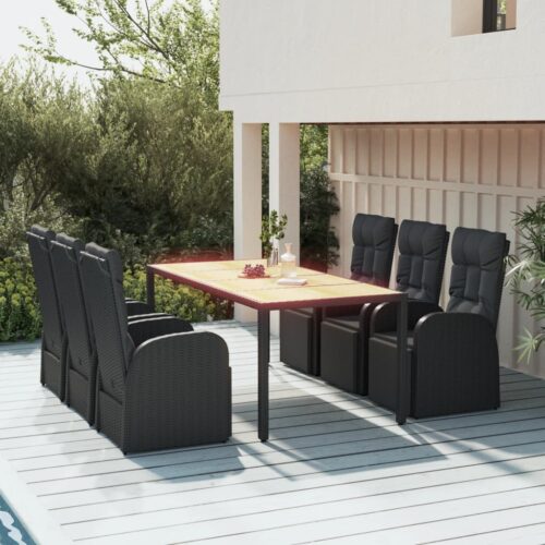 7-Piece Garden Dining Set Black Wood Poly Rattan Wicker Outdoor Patio Furniture - Image 3